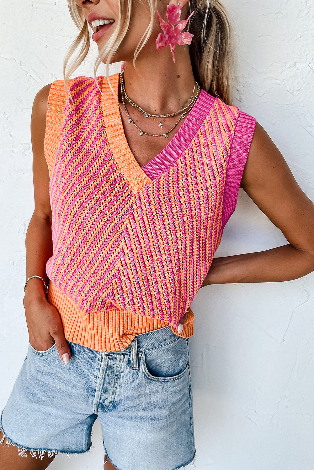 Light Pink Contrast Chevron Knit V Neck Sweater Vest