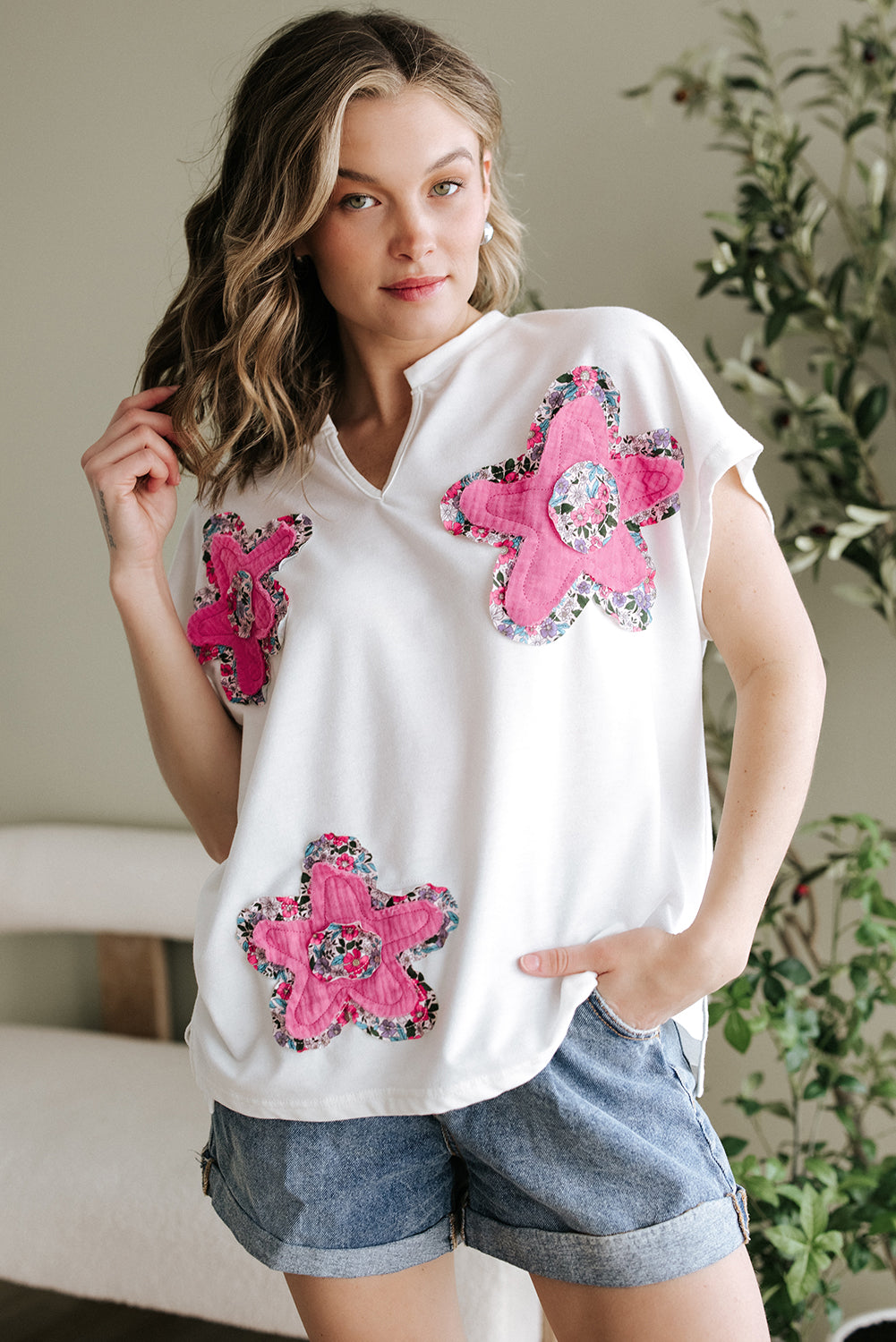 White Floral Applique Notched V Neck Dolman Sleeve Top