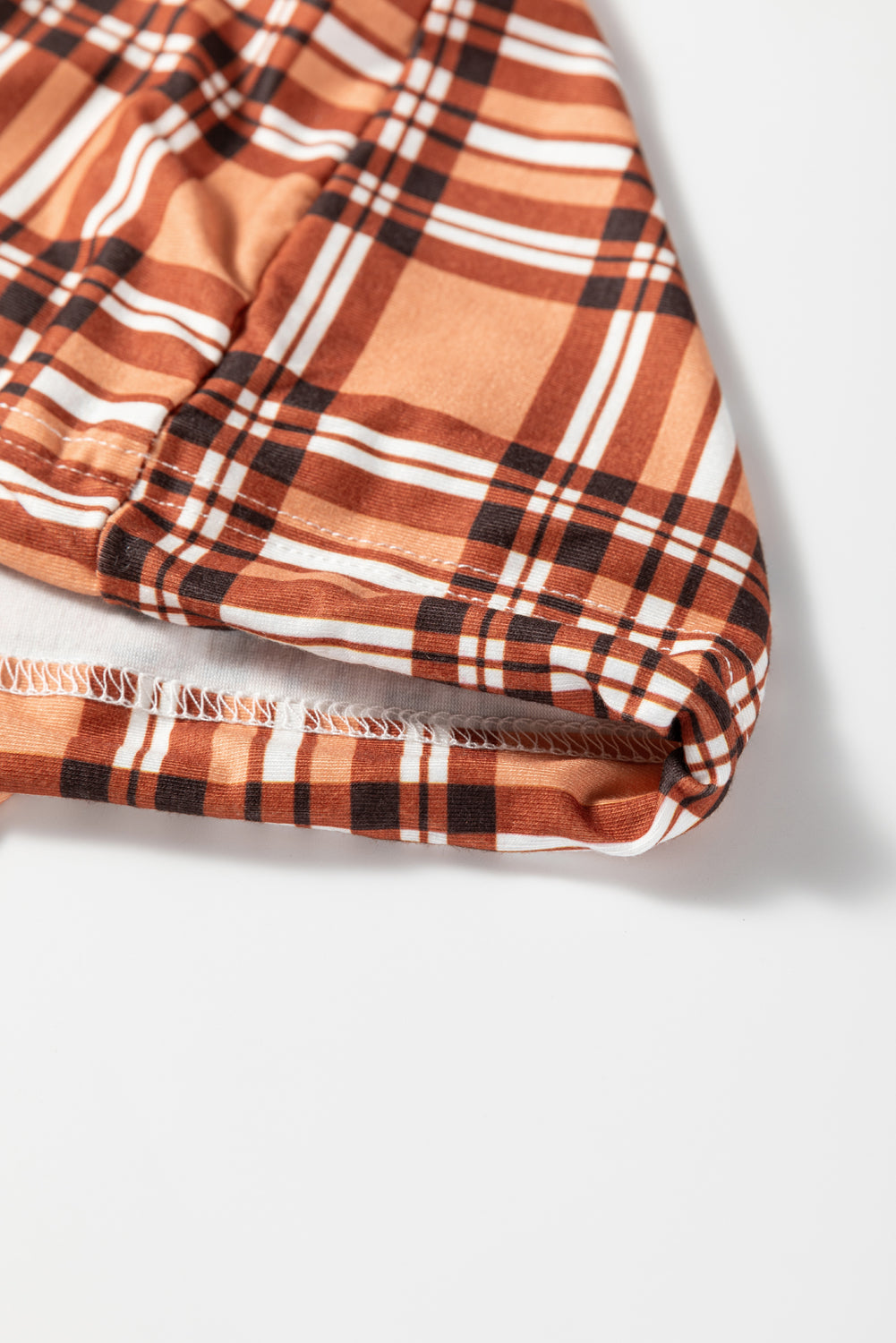 Chestnut Plaid Patchwork Ribbed Knit Drawstring Hooded Top