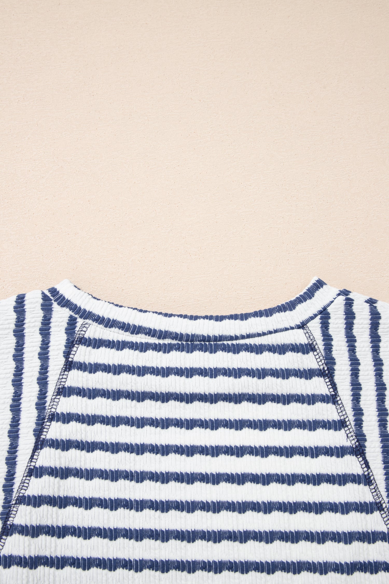 Sky Blue Stripe Textured Knit Split Hem Half Sleeve Loose Top