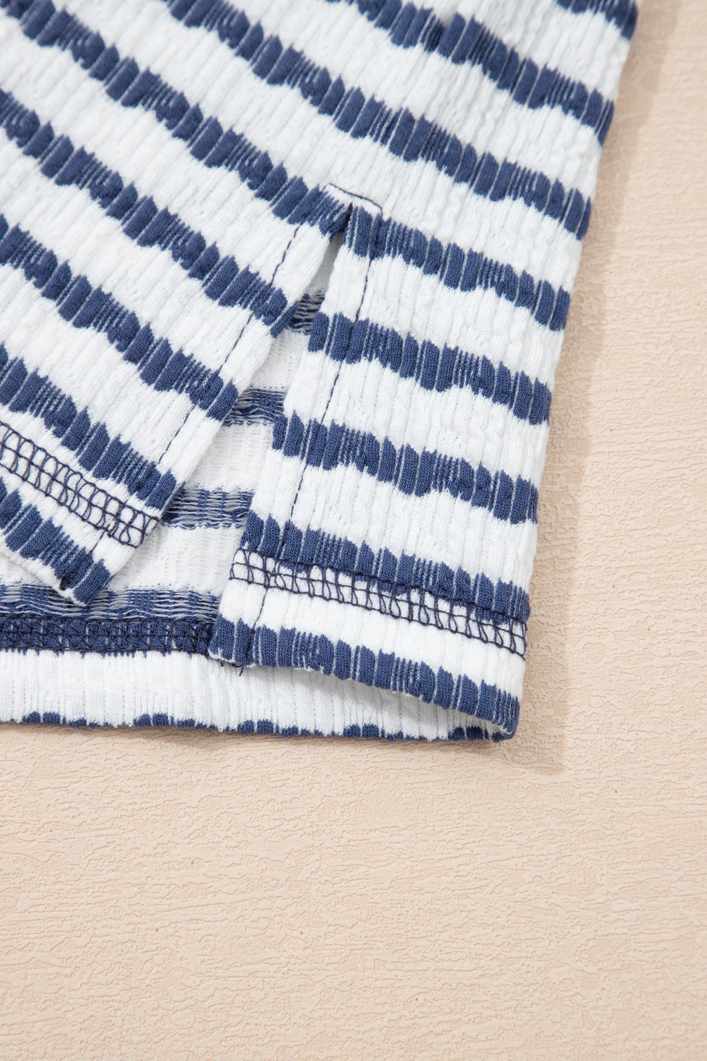 Sky Blue Stripe Textured Knit Split Hem Half Sleeve Loose Top