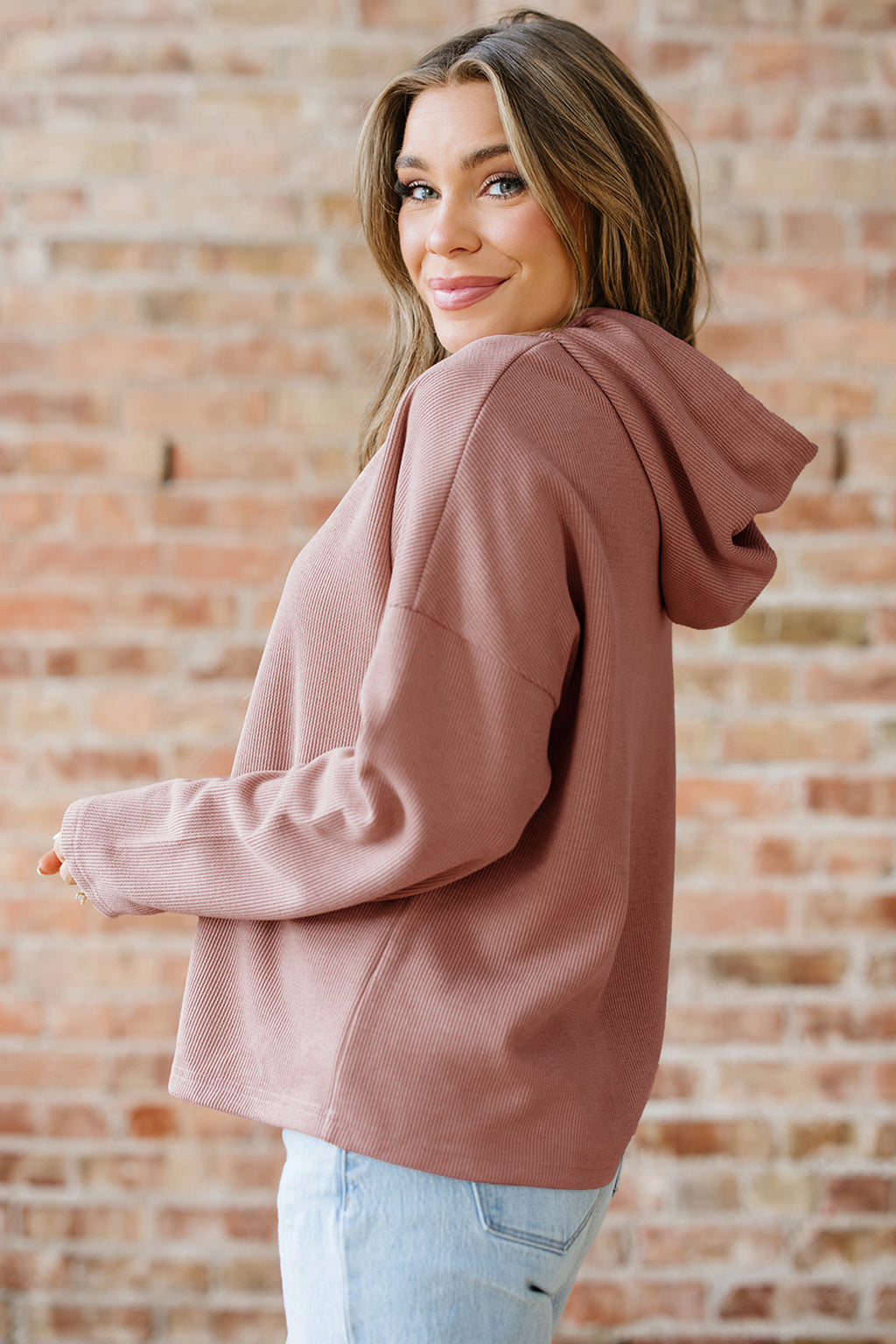 Dark Khaki Thermal Textured Leopard Drawstring Baggy Hoodie