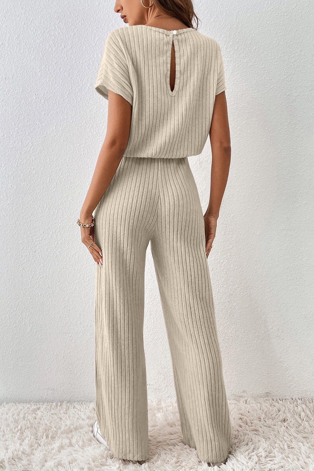 Dark Grey Ribbed Keyhole Short Sleeve Wide Leg Jumpsuit
