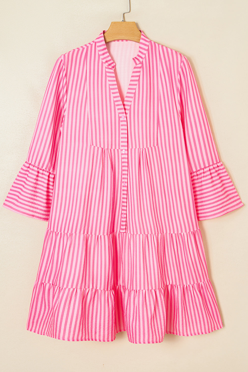 Pink Stripe Flare Sleeve Half Placket Tiered Flowy Mini Dress