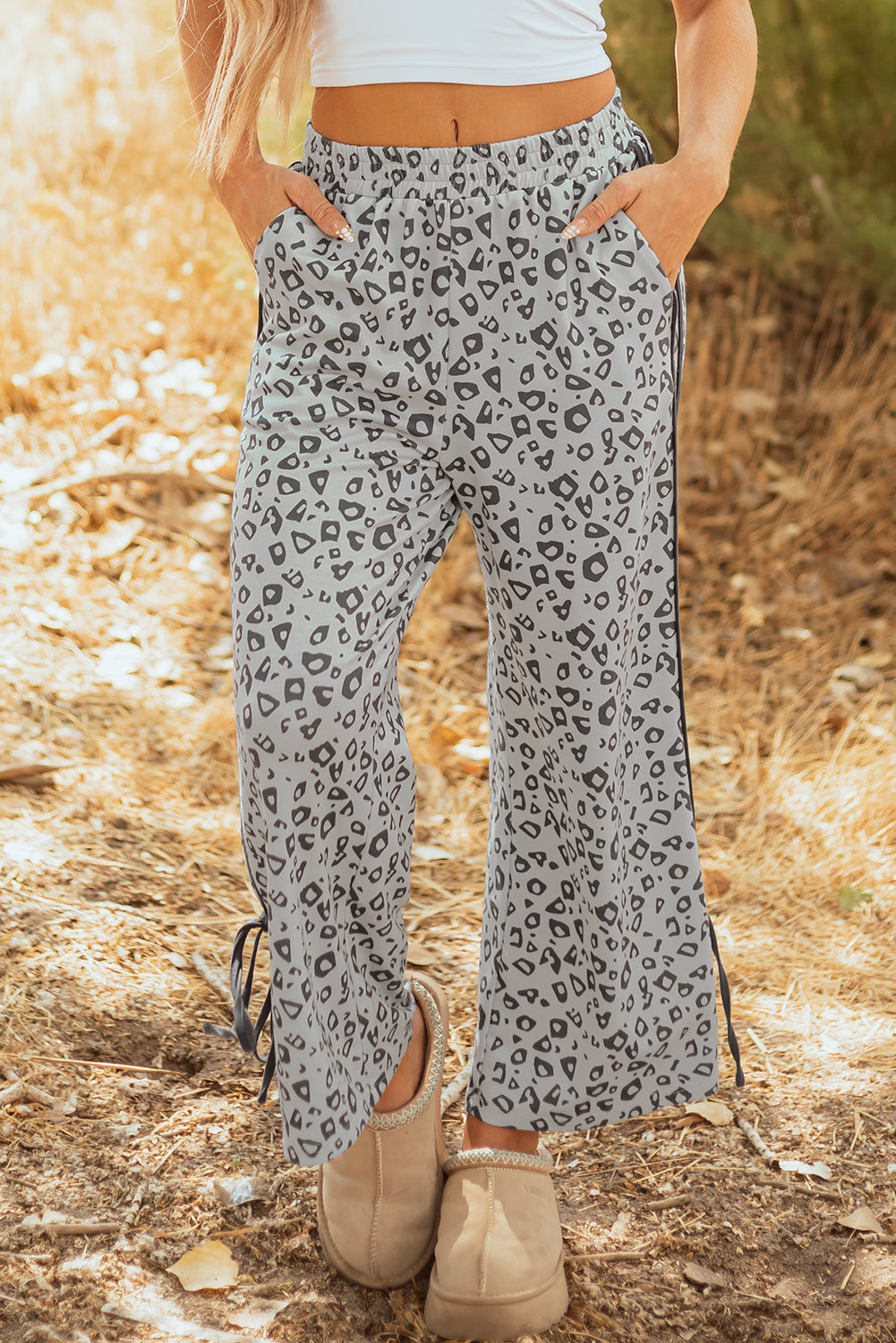 Gray Leopard Tied Leg Straight Cropped Loose Casual Pants