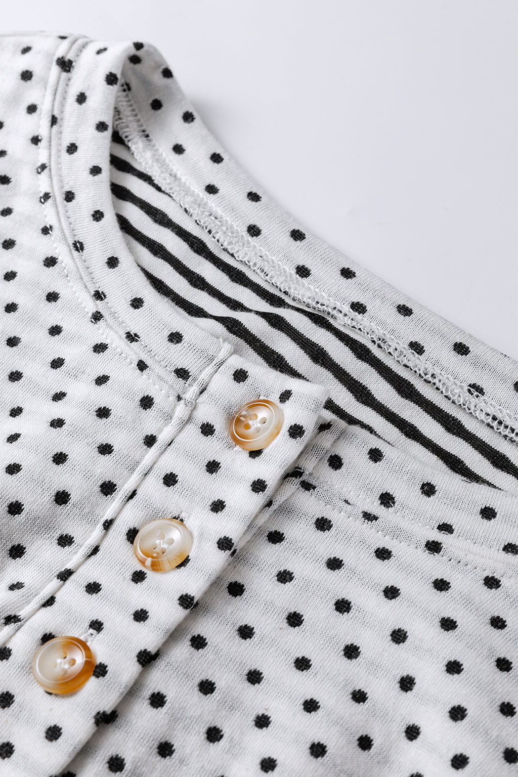 Beige Plus Size Dot Print Striped Patchwork Long Sleeve Henley Top