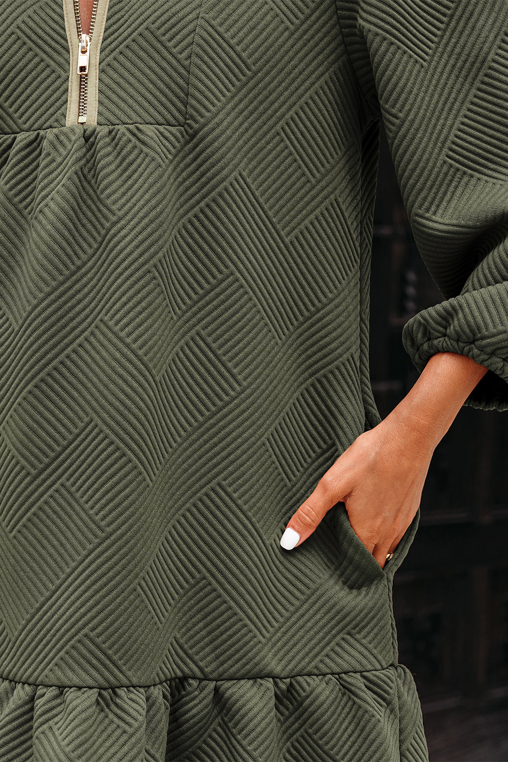 Desert Gold Quarter Zip Collar Bracelet Sleeve Textured Mini Dress