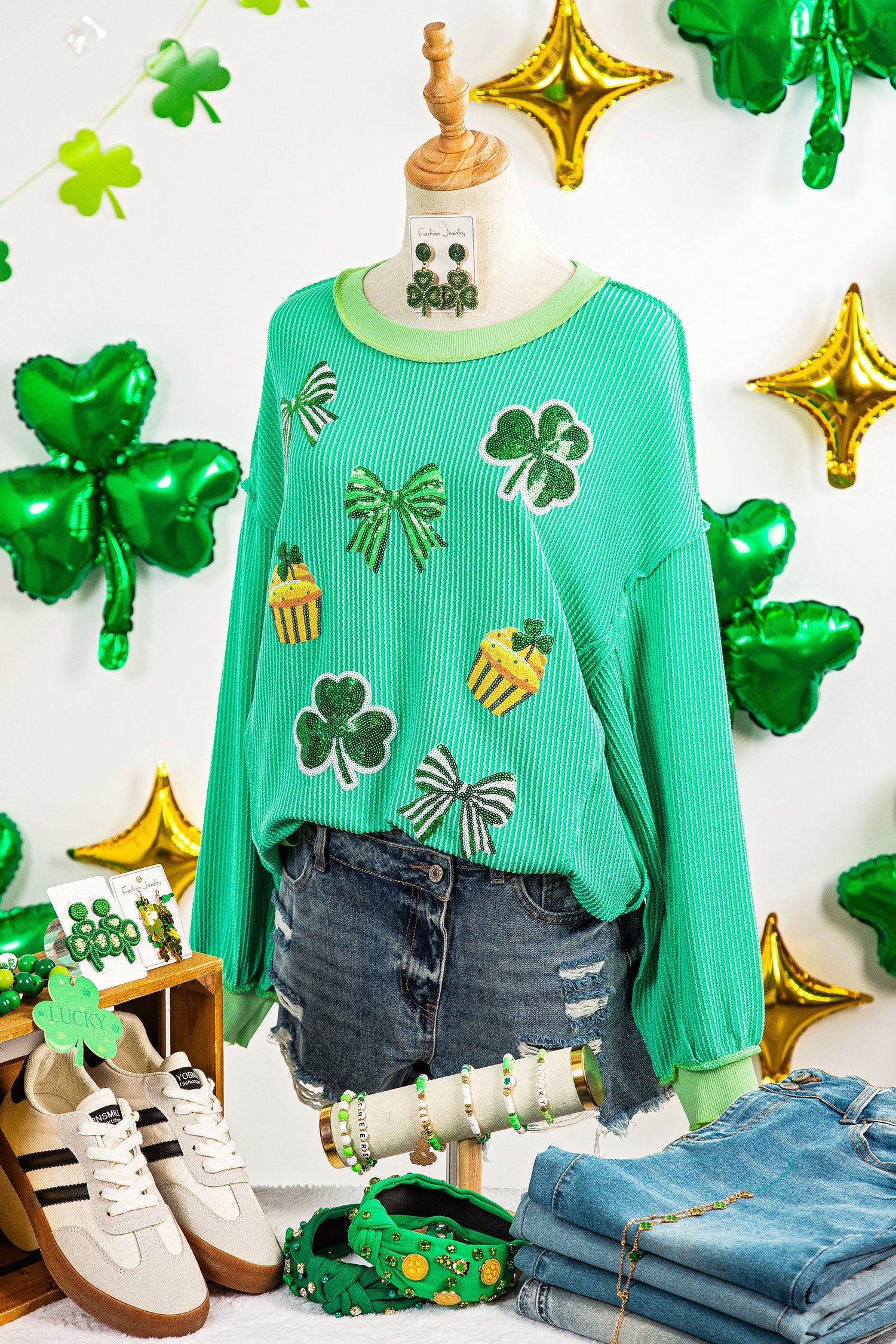 Bright Green Twisted Rib St Patricks Day Sequin Patch Graphic Long Sleeve Top