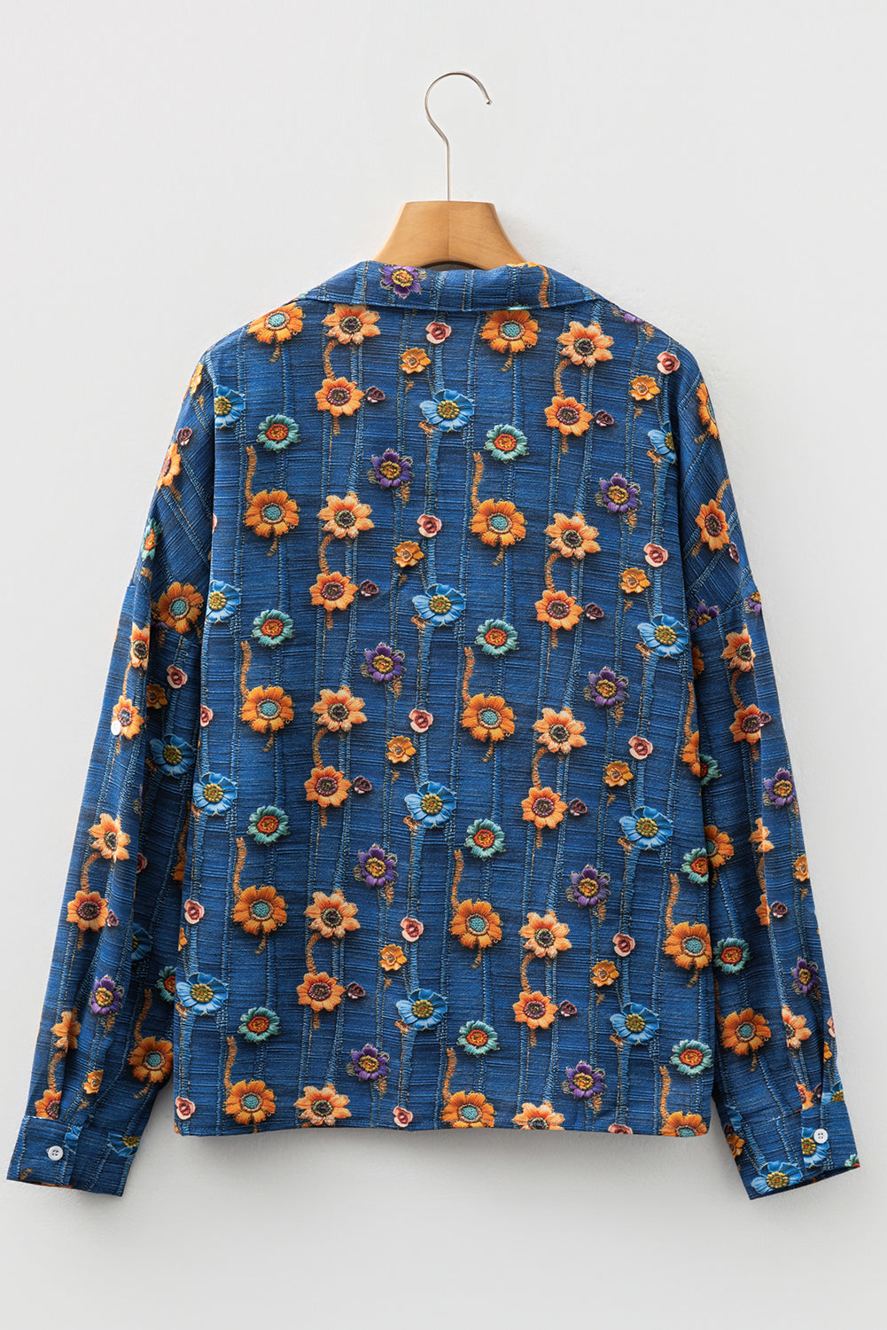 Sky Blue Floral Collared V Neck Roll up Sleeve Shift Blouse
