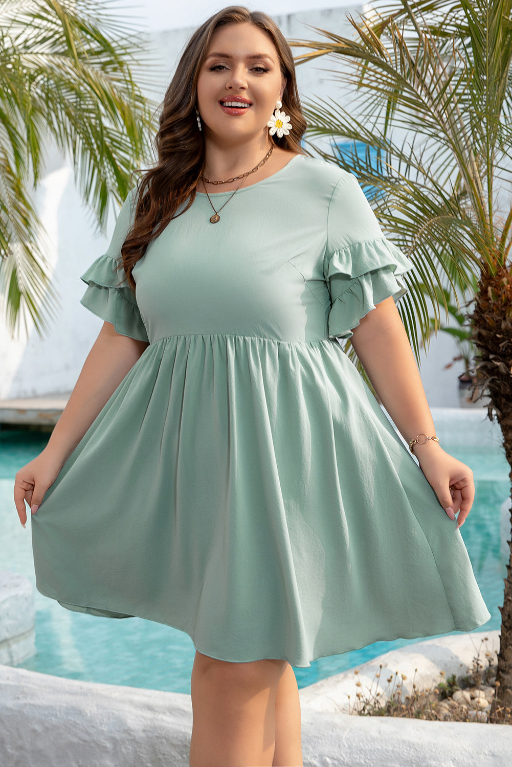 Grass Green Ruffle Trim Short Sleeve Plus Size Flared Mini Dress