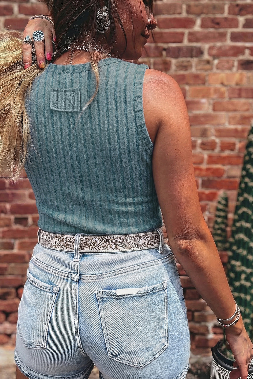 Sky Blue Slim Ribbed Mineral Wash Tank Top