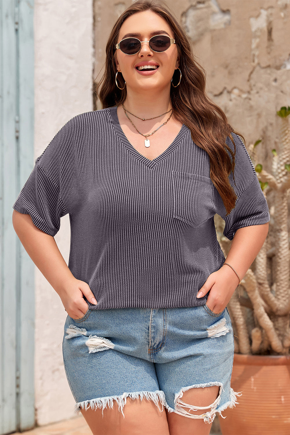 Light Grey Textured V-Neck Dropped Shoulder Plus T-Shirt