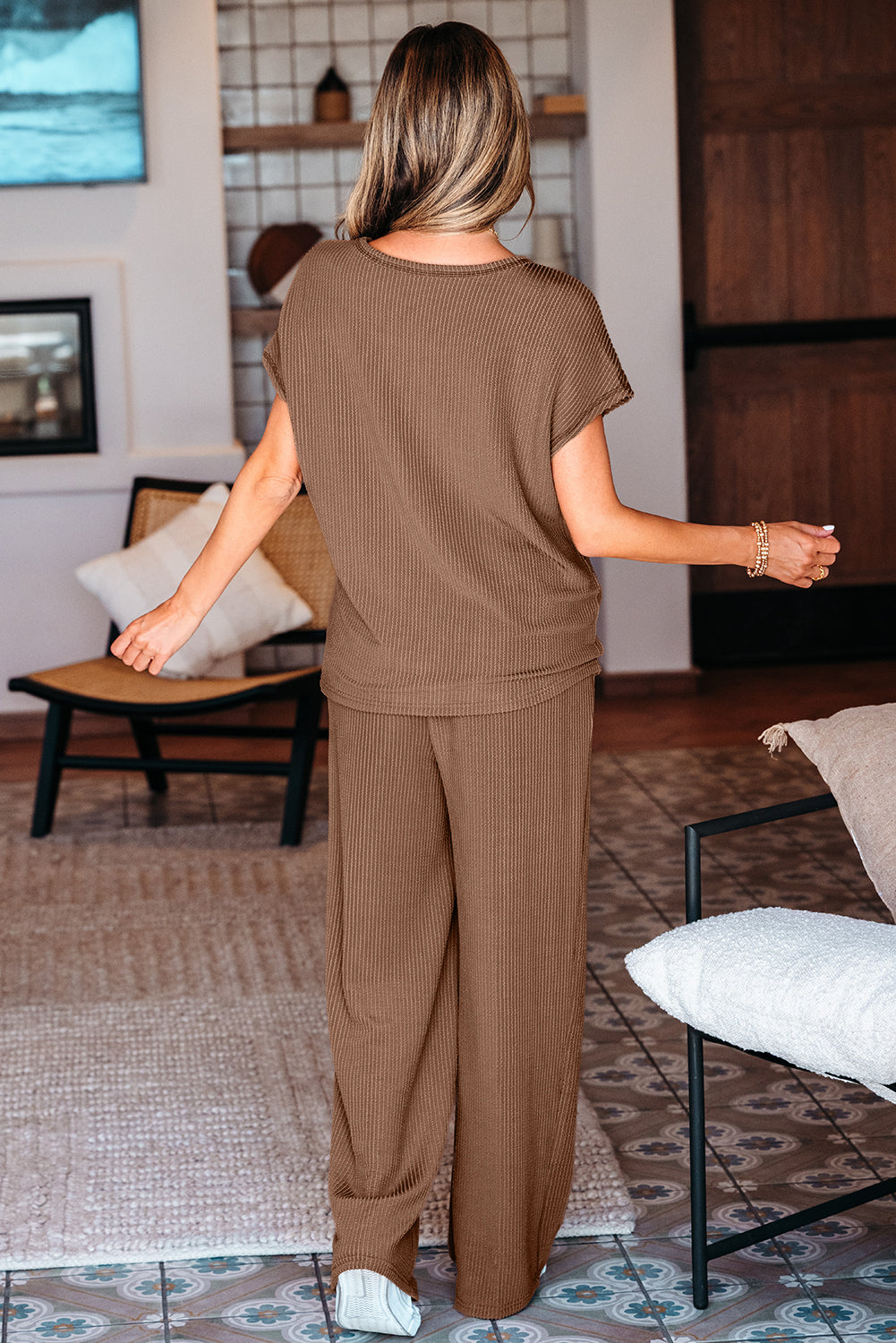 Coffee Solid Color Corded Short Sleeve Top and Casual Pants Set
