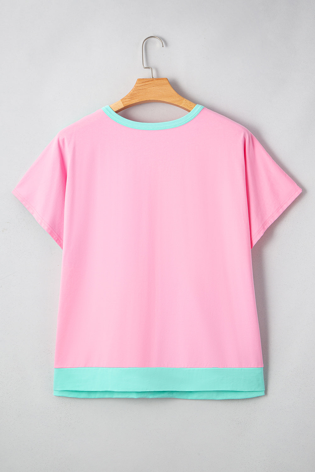 Mint Green Colorblock Patchwork Short Sleeve Buttons Plus Size Henley Top