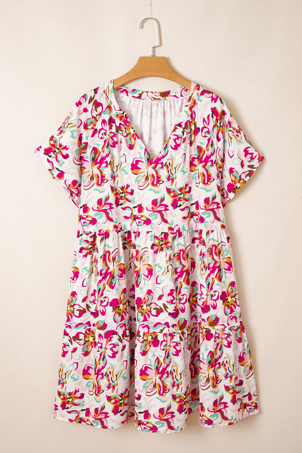 White Abstract Print V Neck Short Sleeve Ruffled Plus Size Mini Dress
