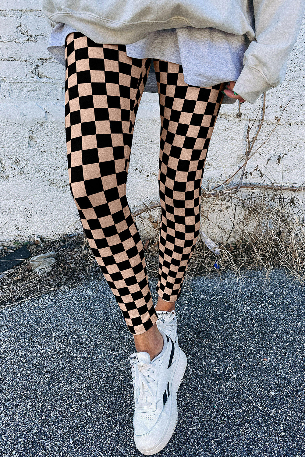 Black Checkered Pattern High Waist Skinny Leggings