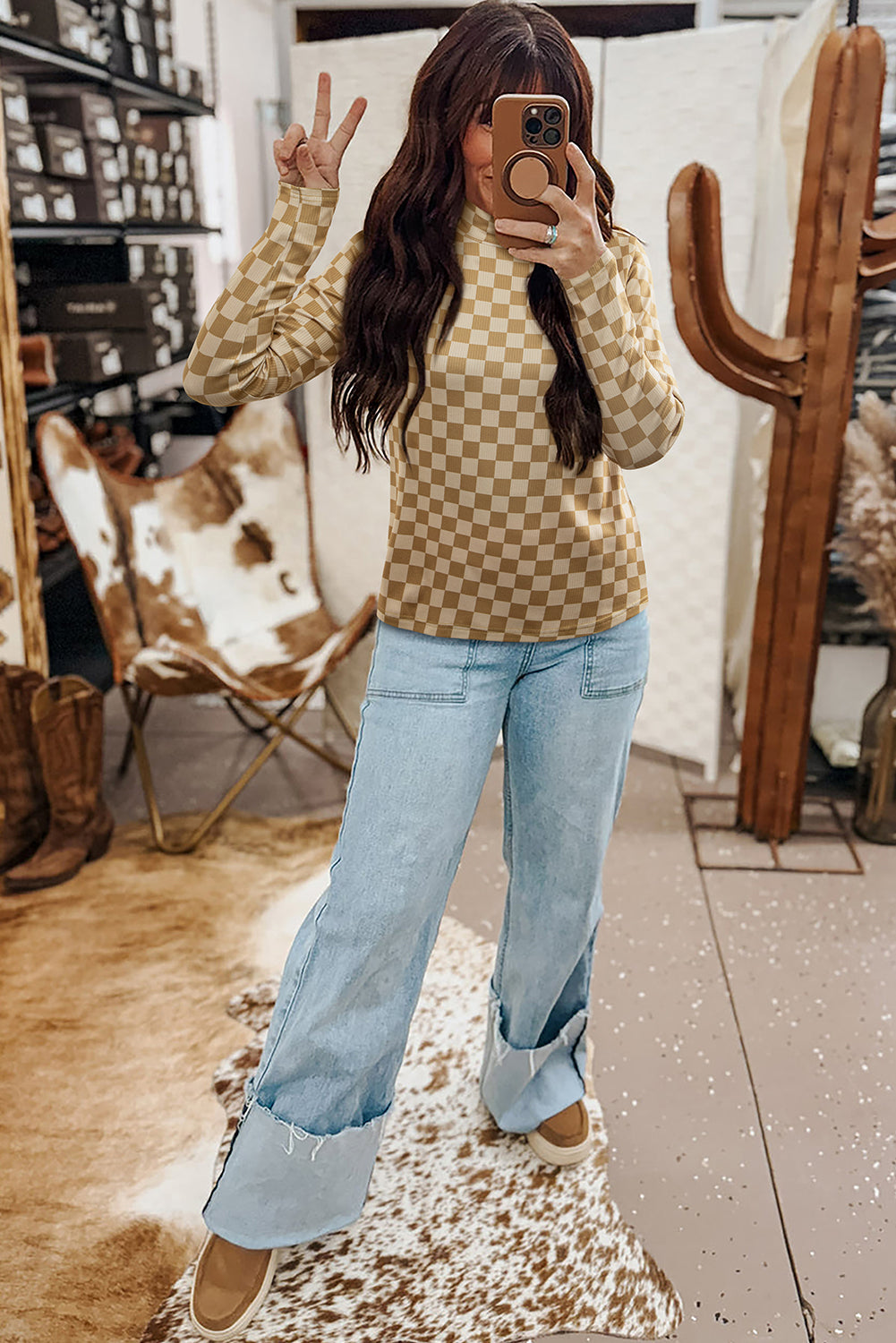 Khaki Check Pattern Turtleneck Ribbed Slim Long Sleeve Tee