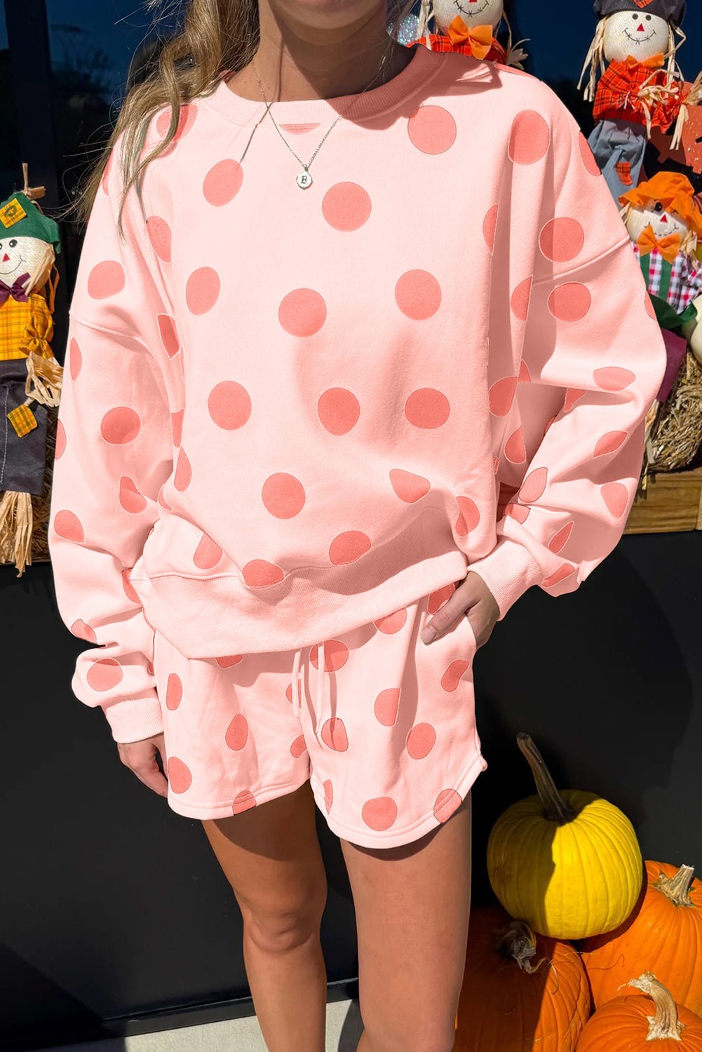 Sky Blue Polka Dot Print Drop Shoulder Pullover Drawstring Shorts Set