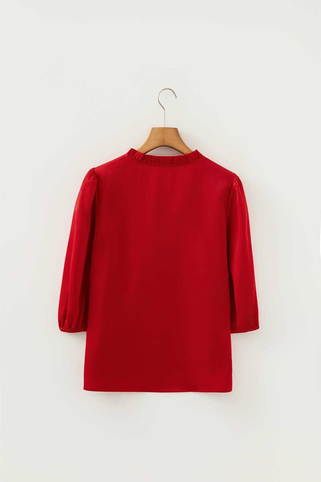 Fiery Red Solid Color Frilled V Neck Bow Detail 3/4 Sleeve Blouse