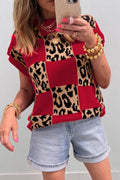 Rose Red Leopard Checkerboard Short Sleeve Knit Sweater