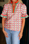 Red Floral Print Striped Detail V Neck Ruffled Short Sleeve Blouse