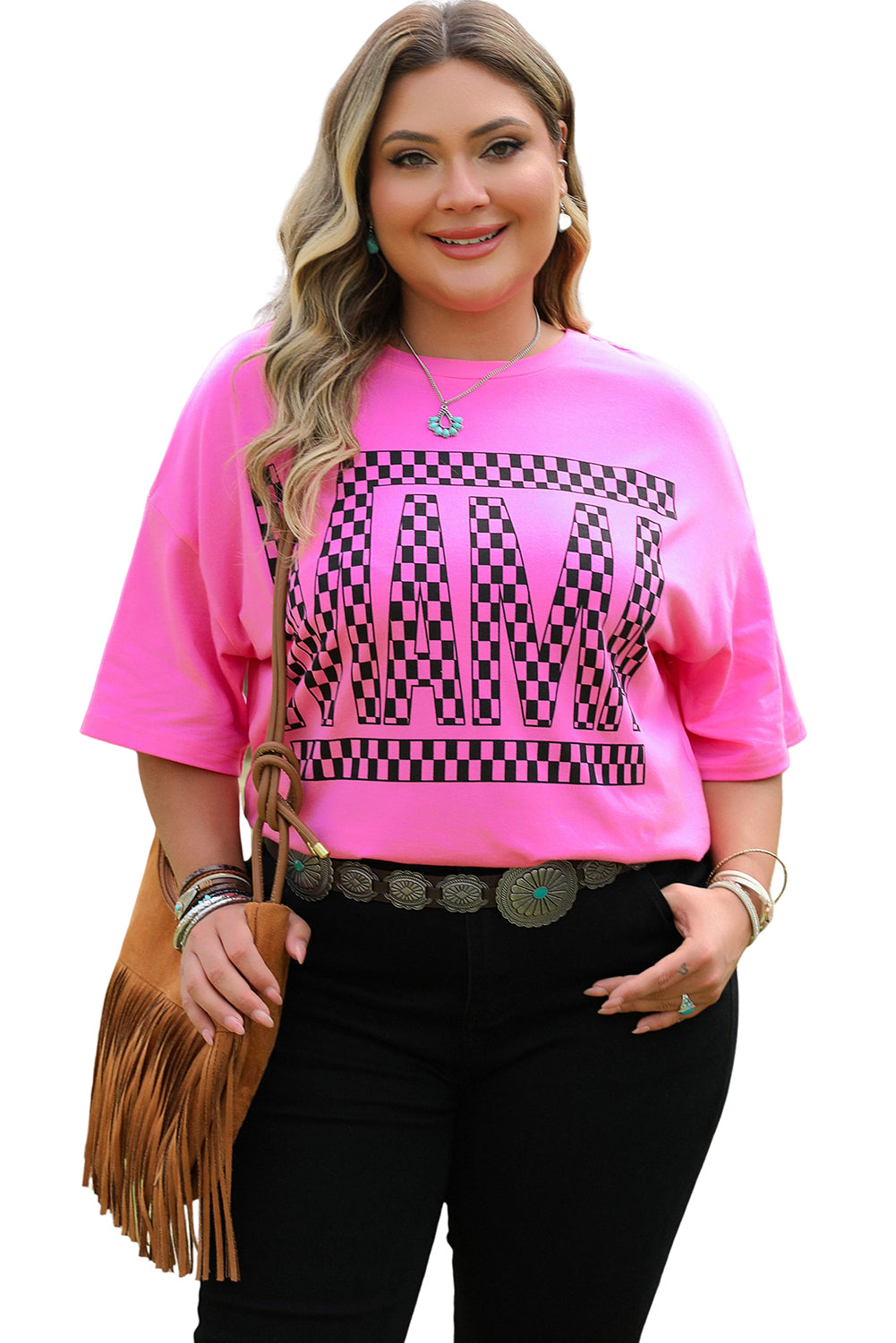 Bright Pink Checker MAMA Letter Printed Graphic Plus Size T Shirt