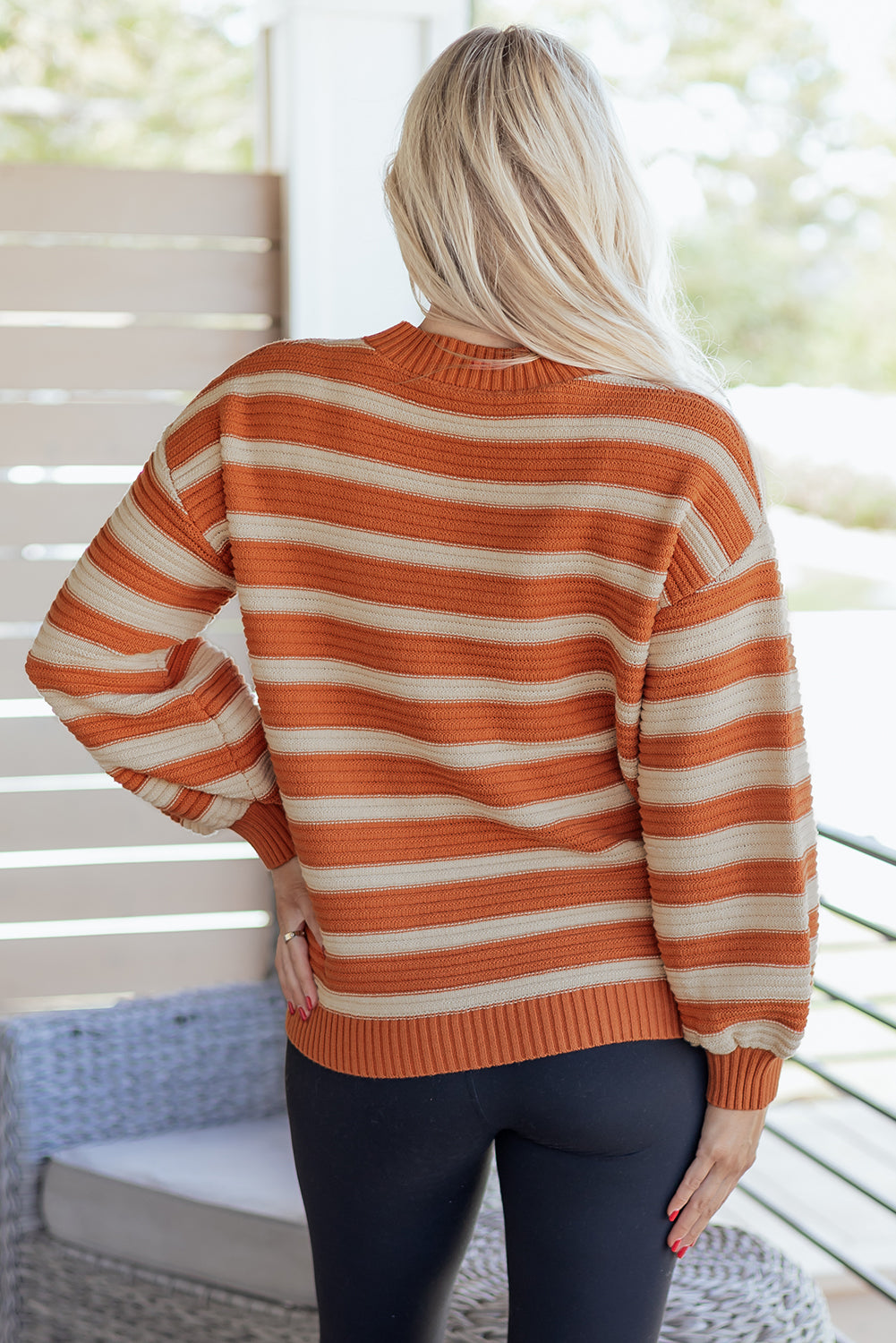 Orange Stripe Ribbed Trim Drop Shoulder Sweater