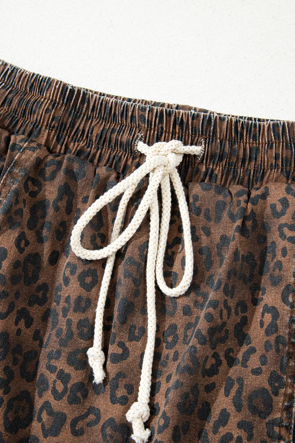 Brown Leopard Print Elastic Waist Drawstring Denim Skort