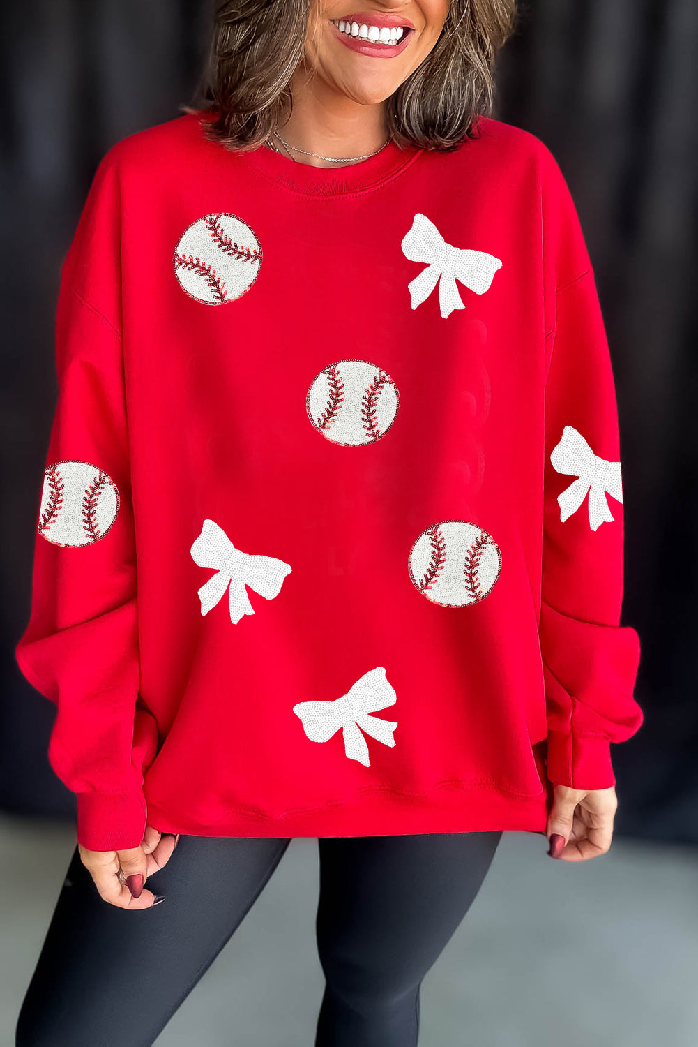 Red Sequin Baseball Bow Patched Pattern Game Day Pullover Sweatshirt