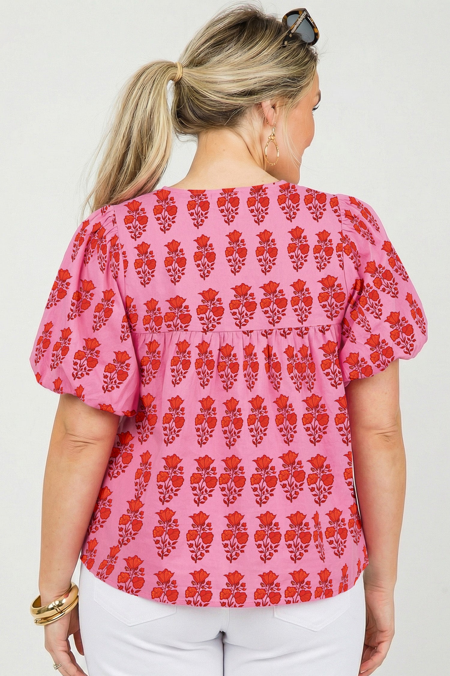 Pink Plus Size Floral Print Tassel Tie Puff Sleeve Cotton Blouse