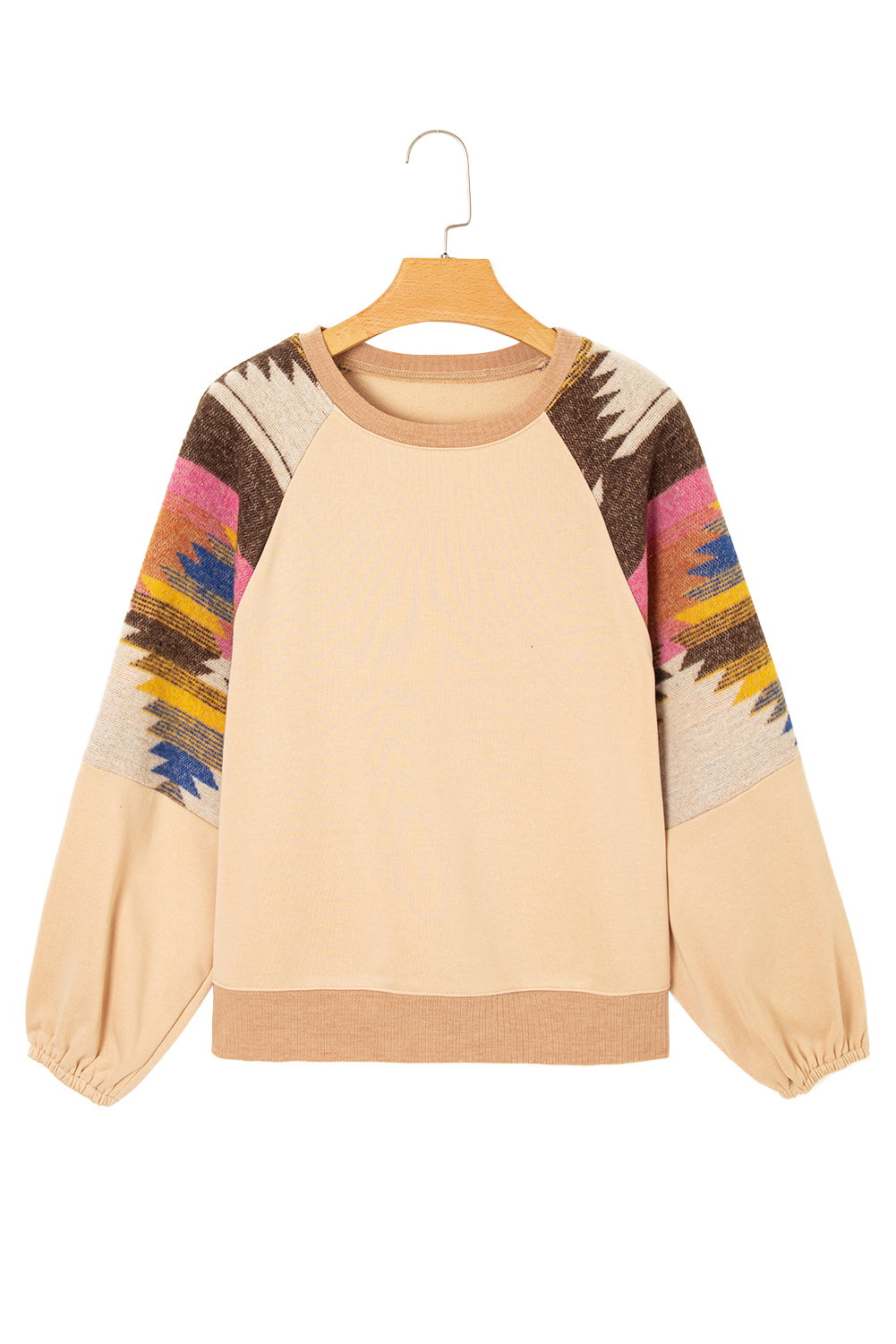 Light French Beige Aztec Patchwork Raglan Pullover Sweatshirt