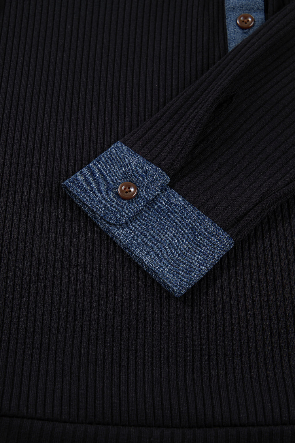 Black Ribbed Knit Contrast Denim Patchwork Hooded Long Sleeve Top