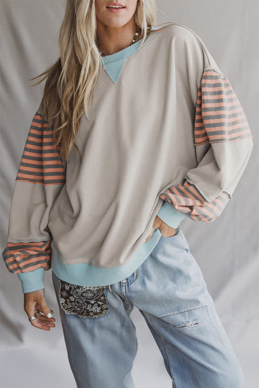 Parchment Striped Colorblock Patchwork Drop Shoulder Sweatshirt
