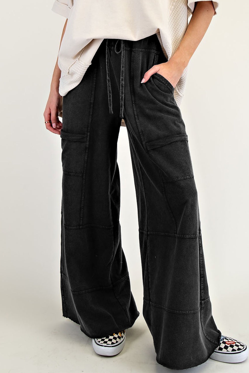 Mint Green Mineral Wash Exposed Seam Drawstring High Waist Wide Leg Cargo Pants