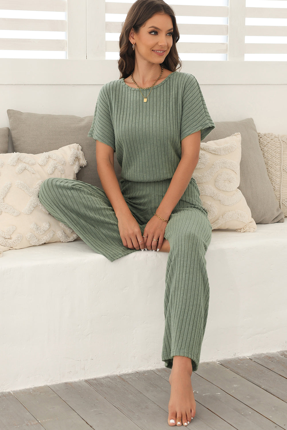 Dark Grey Ribbed Keyhole Short Sleeve Wide Leg Jumpsuit