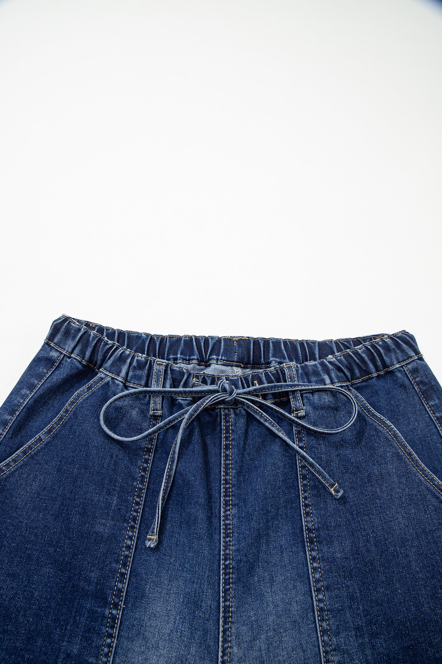 Prussian Blue Drawstring Seam Detail Raw Hem Wide Leg Denim Pants