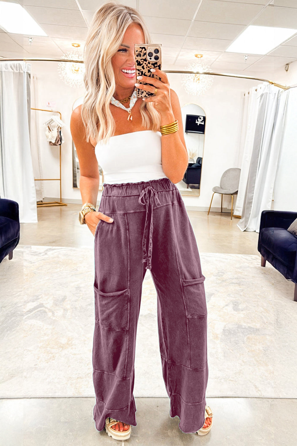 Medium Grey Mineral Wash Lace-up High Waist Raw Hem Patched Pocket Pants