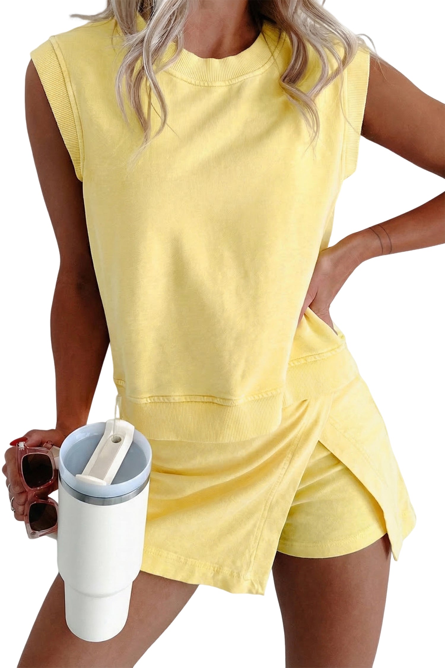 Yellow Cream 2 Pieces Mineral Wash Cotton Tank Top Lined Split Skort Set
