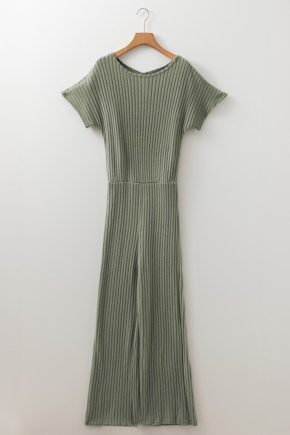 Dark Grey Ribbed Keyhole Short Sleeve Wide Leg Jumpsuit