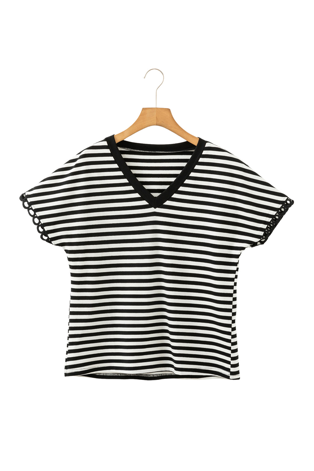 Black Striped Print V Neck Delicate Trim Casual Tee