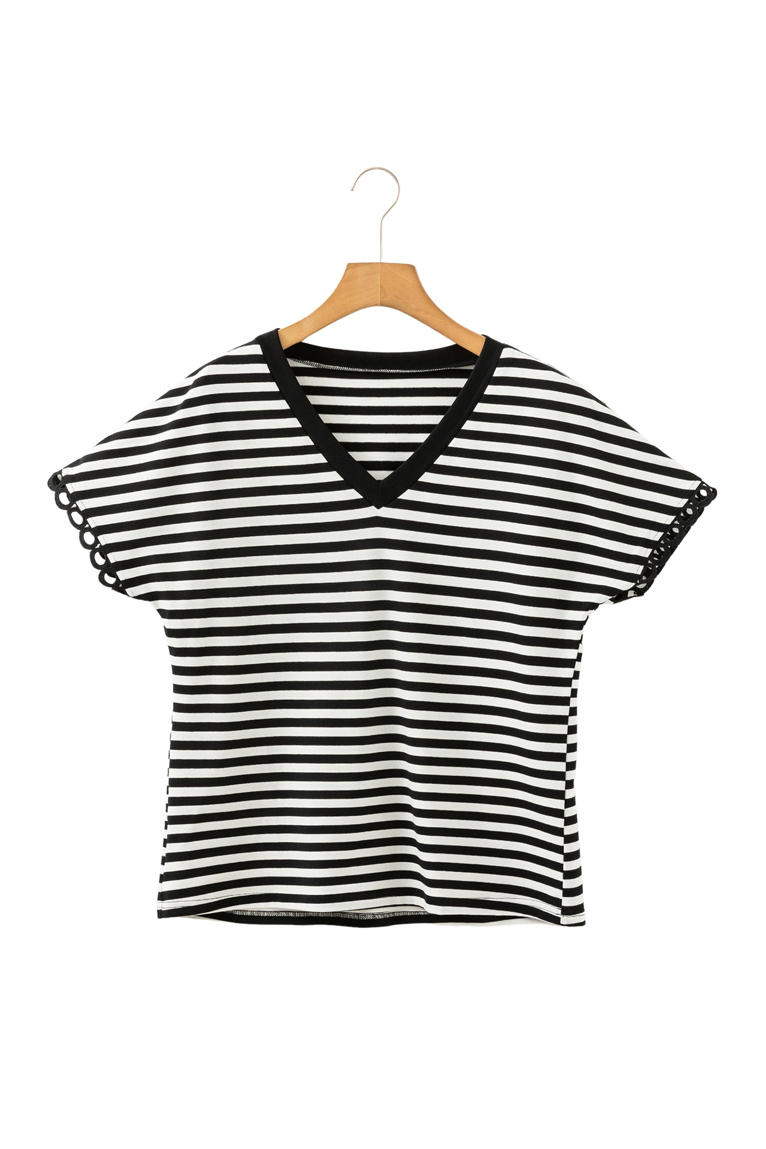 Black Striped Print V Neck Delicate Trim Casual Tee