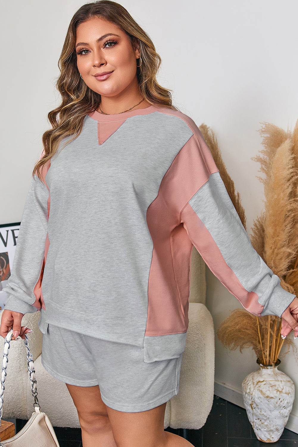 Light Grey Uneven Hem Colorblock Pullover Casual Shorts Plus Size 2pcs Outfit