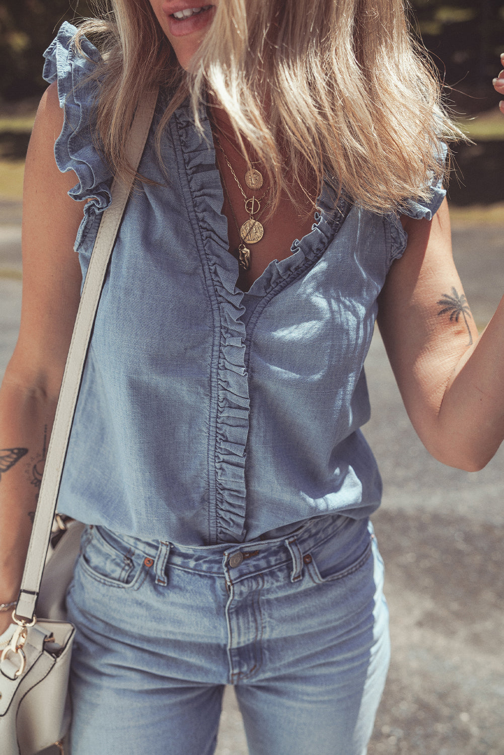 Beau Blue Frilly Ruffle Trim V Neck Chambray Tank Top