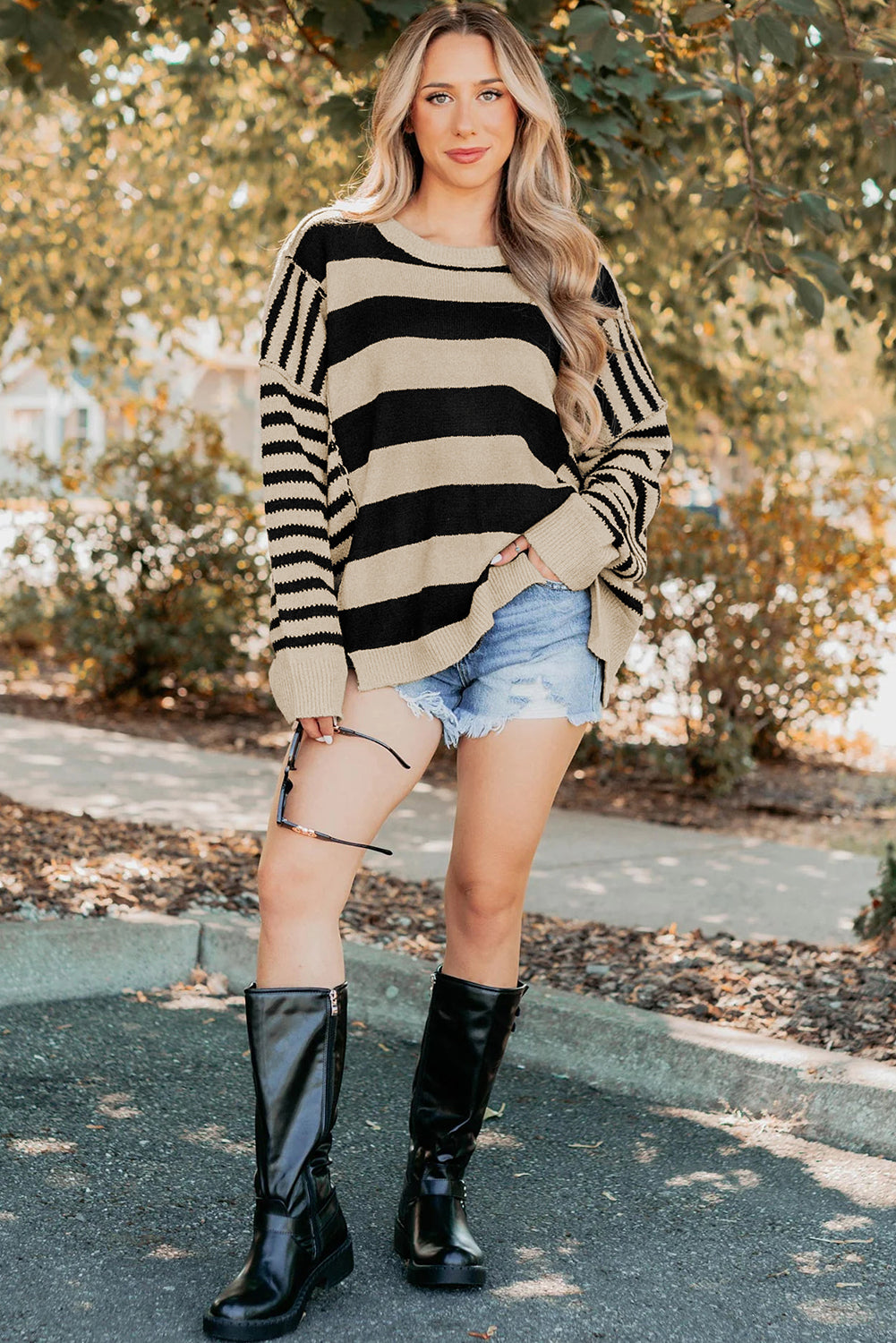 Brown Stripe Drop Shoulder Sleeve Patchwork Baggy Sweater