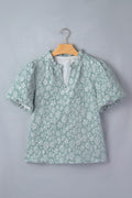 Iceland Blue Floral Textured Jacquard Puff Sleeve Blouse
