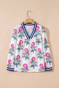 White Floral Print Striped V Neck Blouse