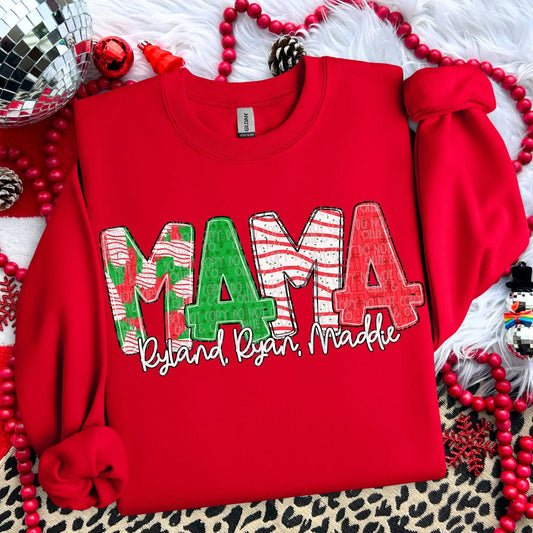 Hand lettered Christmas Mama, Aunt, Grandma, Etc. with Kids names completed tee