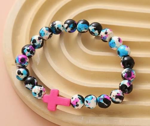 Pine stone colorful beaded pink cross bracelet