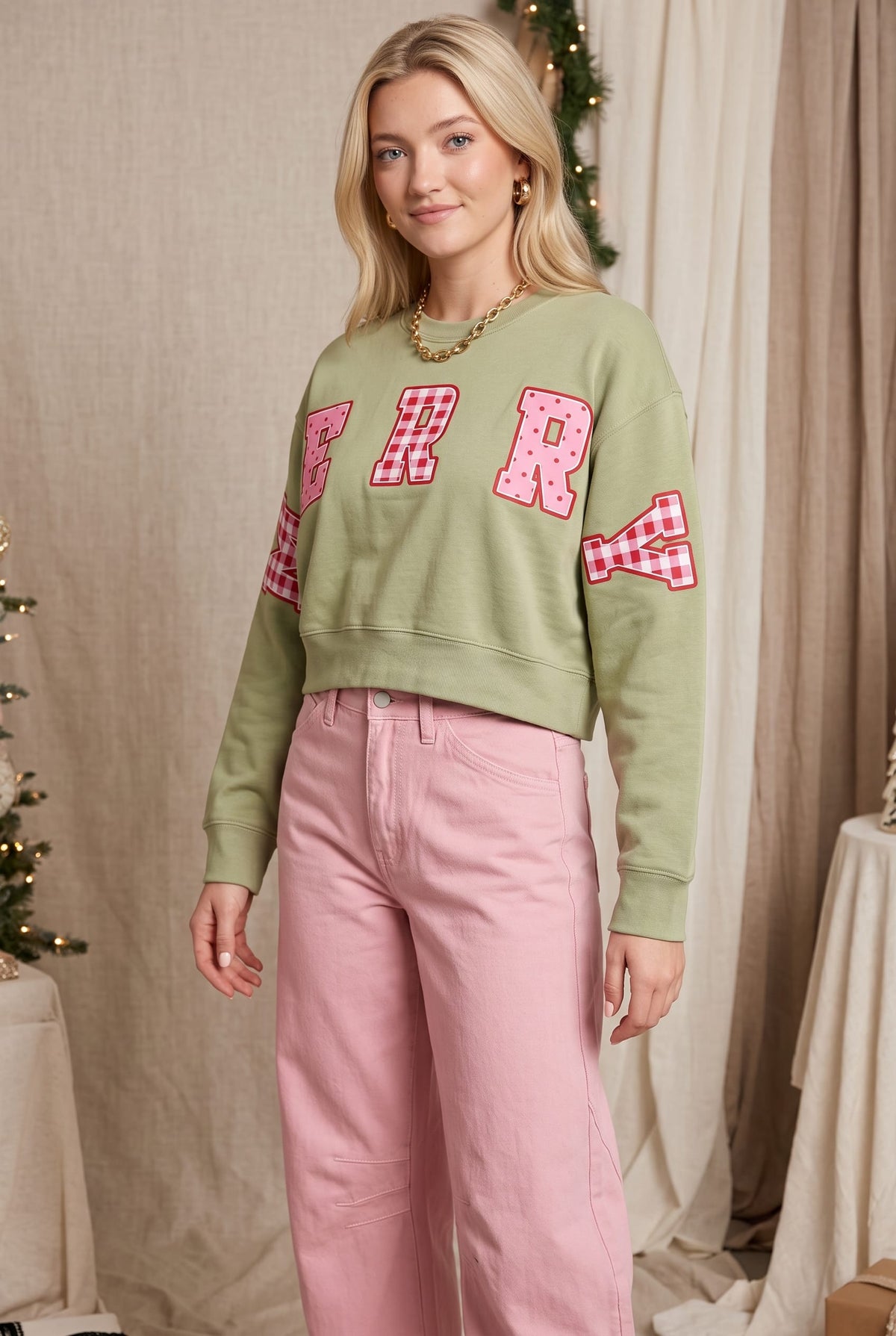 Merry Christmas Patch Pistachio Crop Sweatshirt