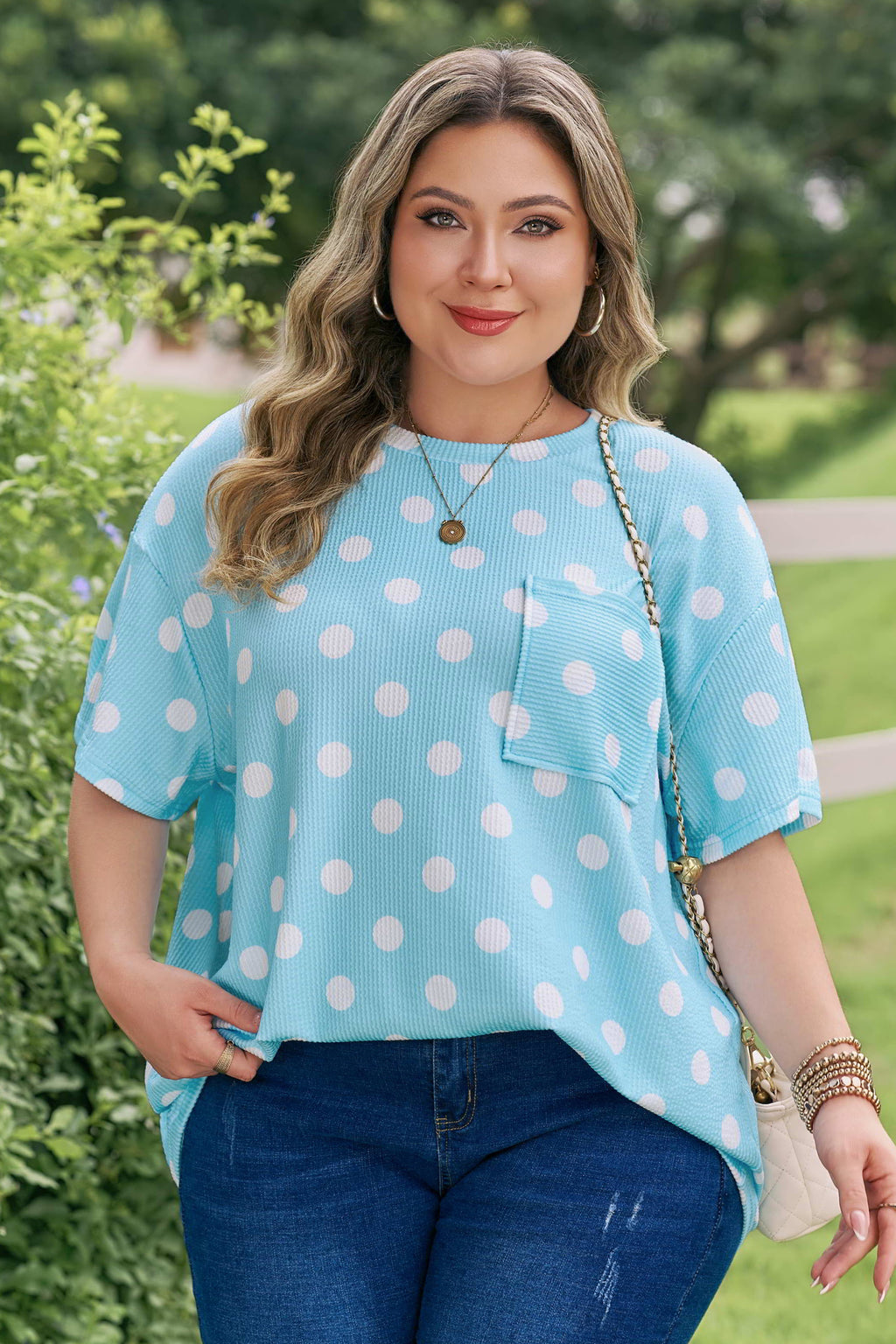 Pink Twisted Rib Polka Dot Print Plus Size T Shirt